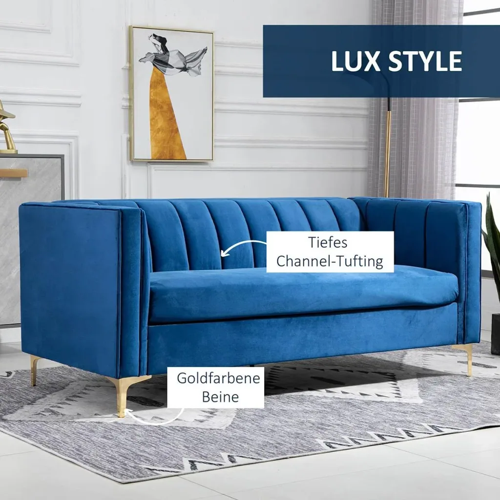 3-Sitzer Sofa Polstersofa Stoffsofa Sitzmöbel Couch Wohnzimmersofa mit Armlehne golden Stahlbeinen Samt-Touch Blau 181 x