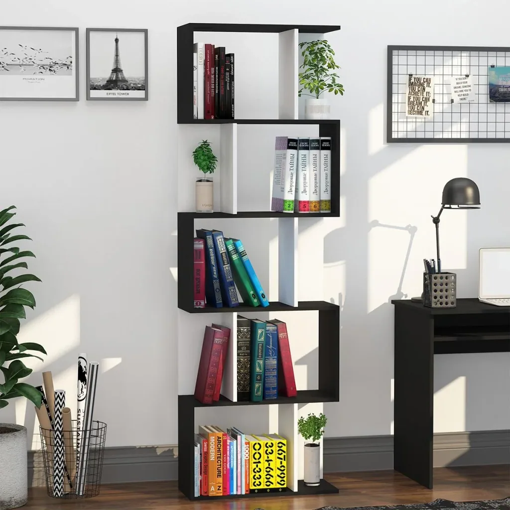 Bücherregal S-förmig Ausstellungsregal Standregal 5-stöckiger moderner Raumteiler Spanplatte Schwarz 60 x 24 x 184,5 cm