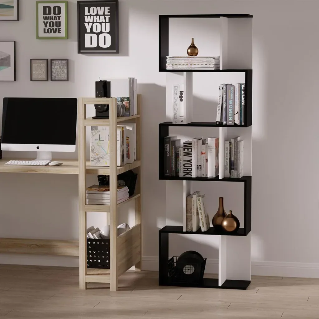 Bücherregal S-förmig Ausstellungsregal Standregal 5-stöckiger moderner Raumteiler Spanplatte Schwarz 60 x 24 x 184,5 cm