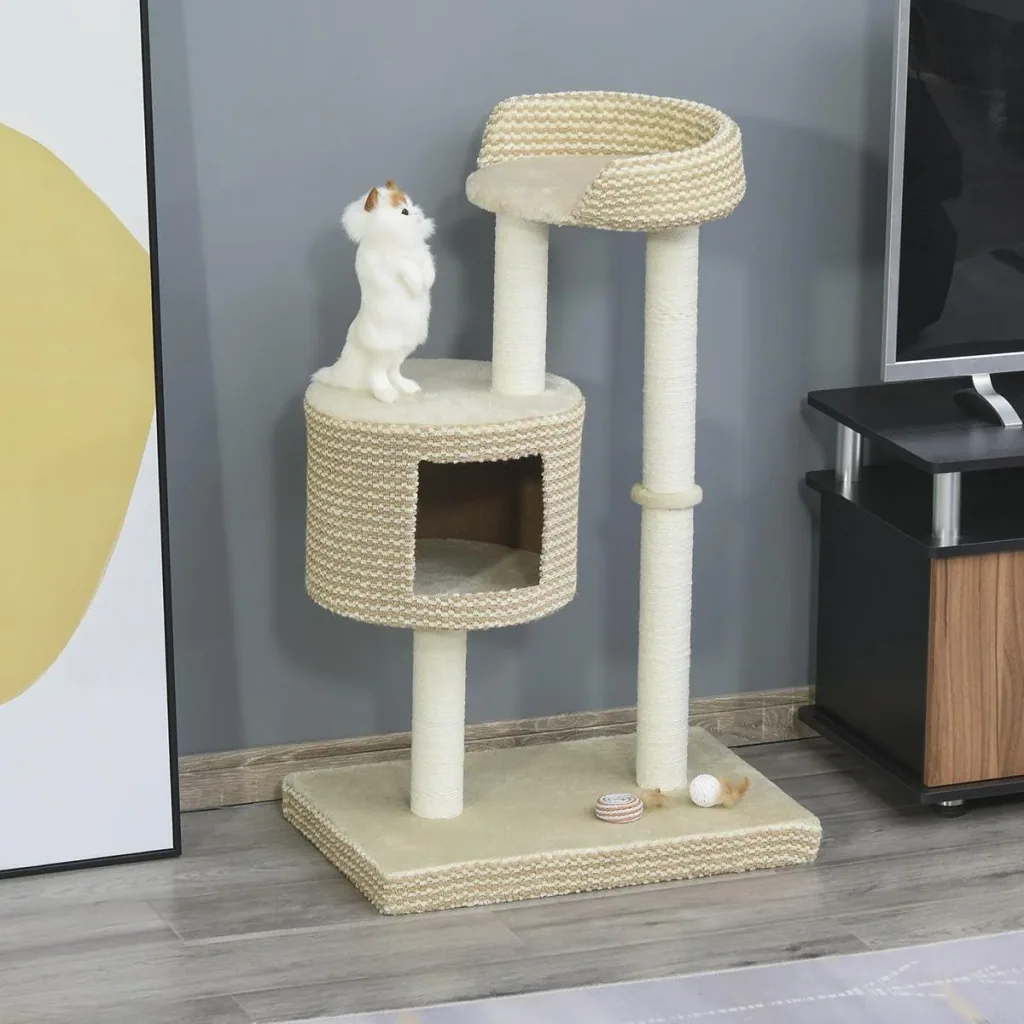 Katzenbaum Kratzbaum Kletterbaum Katzenkratzbaum, kuschelige Aussichtsplattformen, beige und kaffee, Spanplatte, Plüsch,