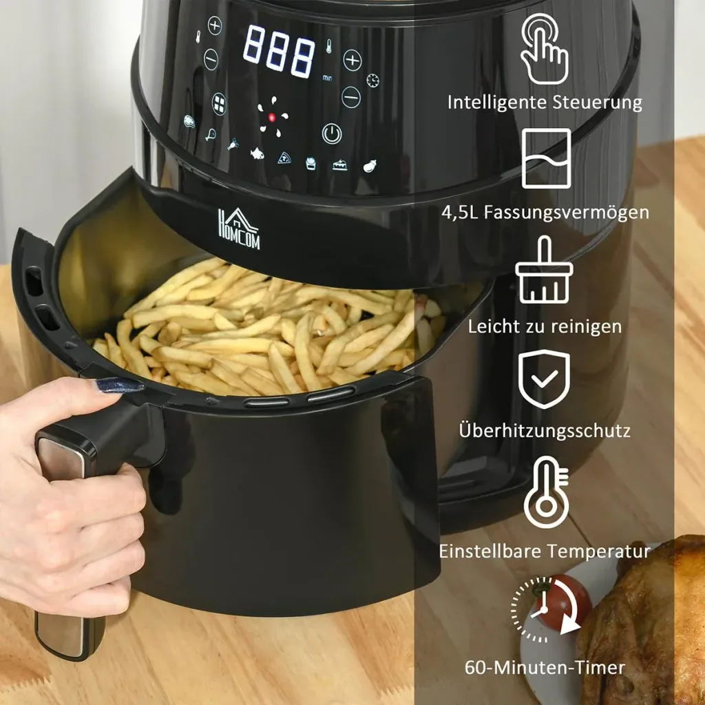 Heißluftfritteuse ohne Öl 4,5 L 1500W Airfryer mit 8 voreingestellte Modi LED-Display Antihaftbeschichteter Korb für ges