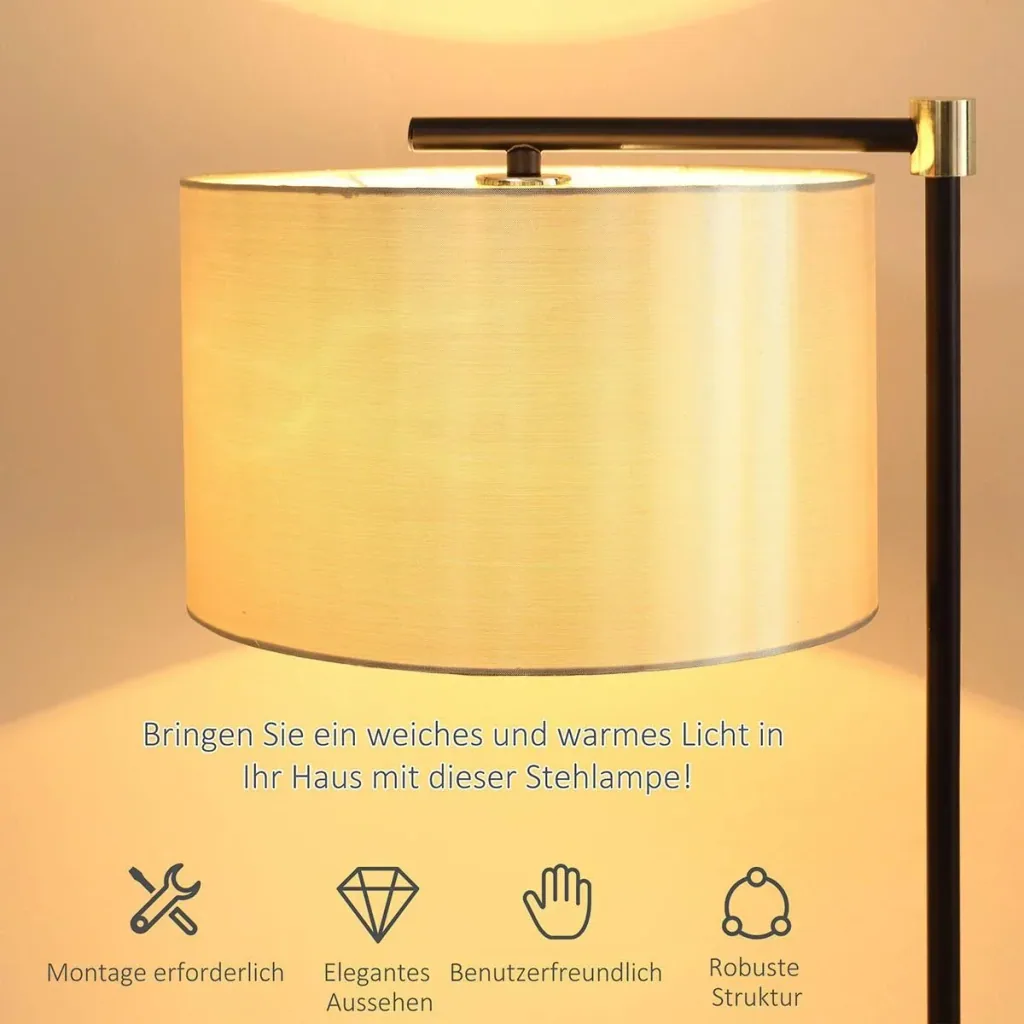 Stehlampe Wohnzimmer Stehleuchte 40W moderne Standleuchte mit E27 Fassung Stoffschirm für Schlafzimmer Büro elegant Gold