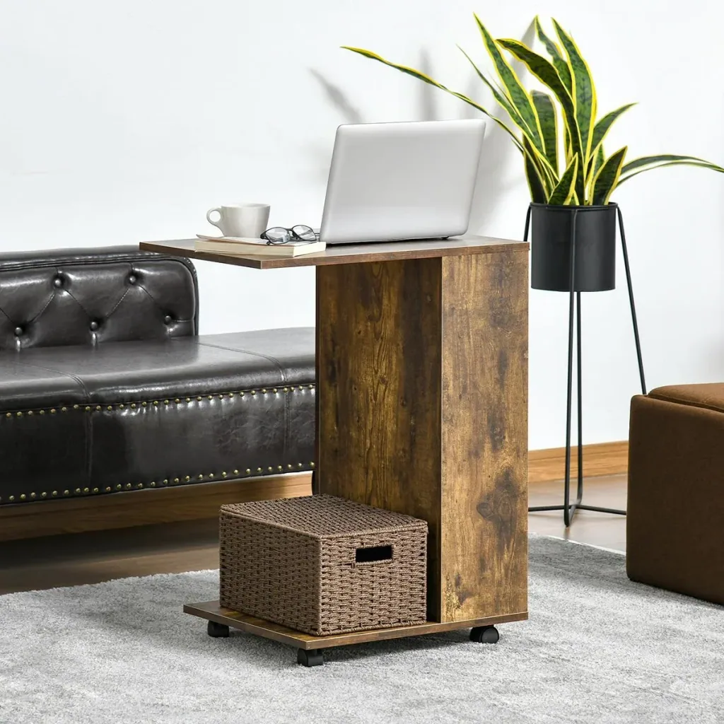 Beistelltisch mit Rädern mobiler Tisch C-Form Couchtisch mit offener Bodenablage seitlichen Staufach Feststellbremsen S