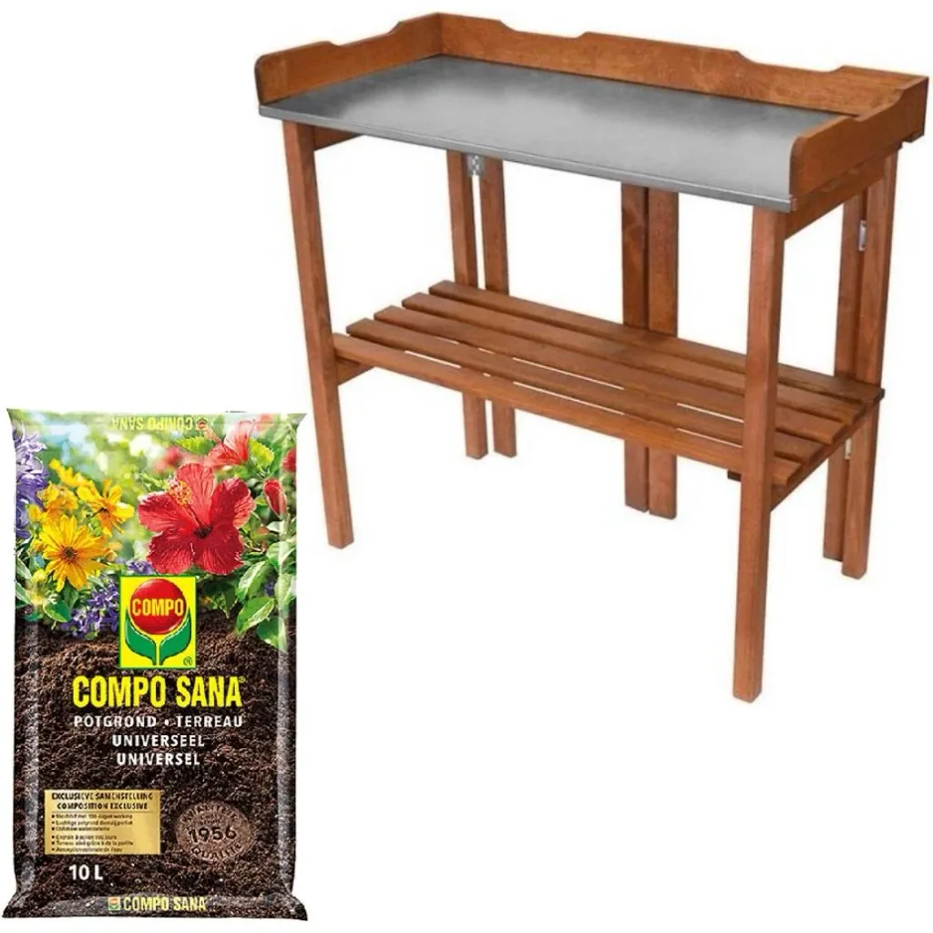 Garten-Pflanztisch mit Zinkplatte und Holzablage klappbar - 94 x 40 x 86 cm inkl. Compo Sana 10L Blumenerde