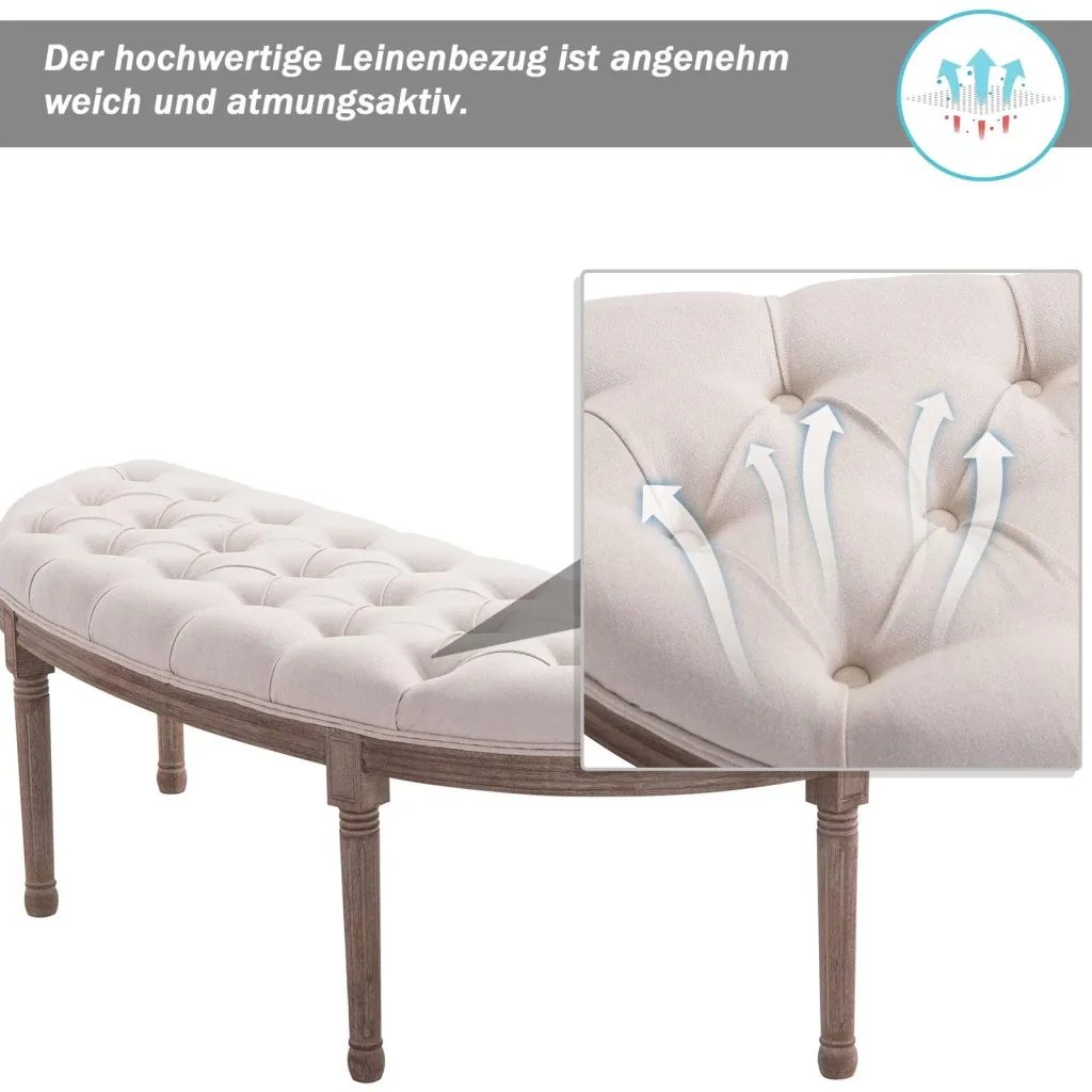 Polsterbank Sitzbank mit Knöpfen Leinen+Holz beige 140,5 x 51 x 48 cm