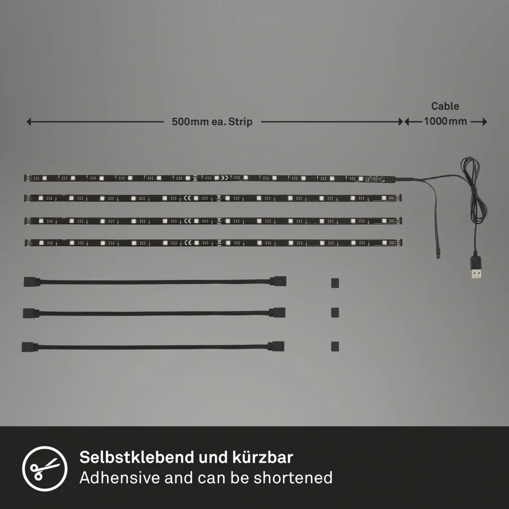 TV-LED Beleuchtungs-Set 2 m Farbwechsel, 48 RGB-LEDs, 3 x Verbinder und 3 x Verbindungskabel