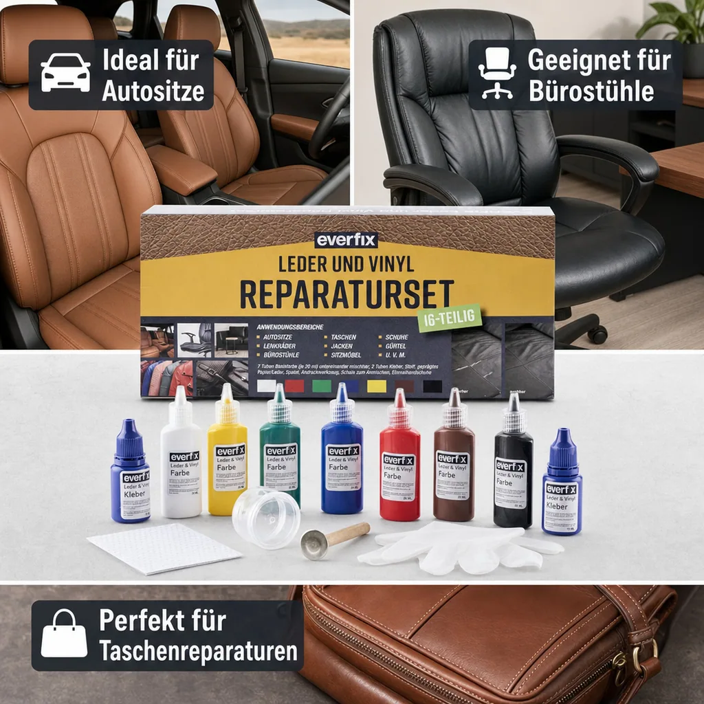 Leder & Vinyl Reparaturset (16-teilig) zur Reparatur von Leder und Kunstleder