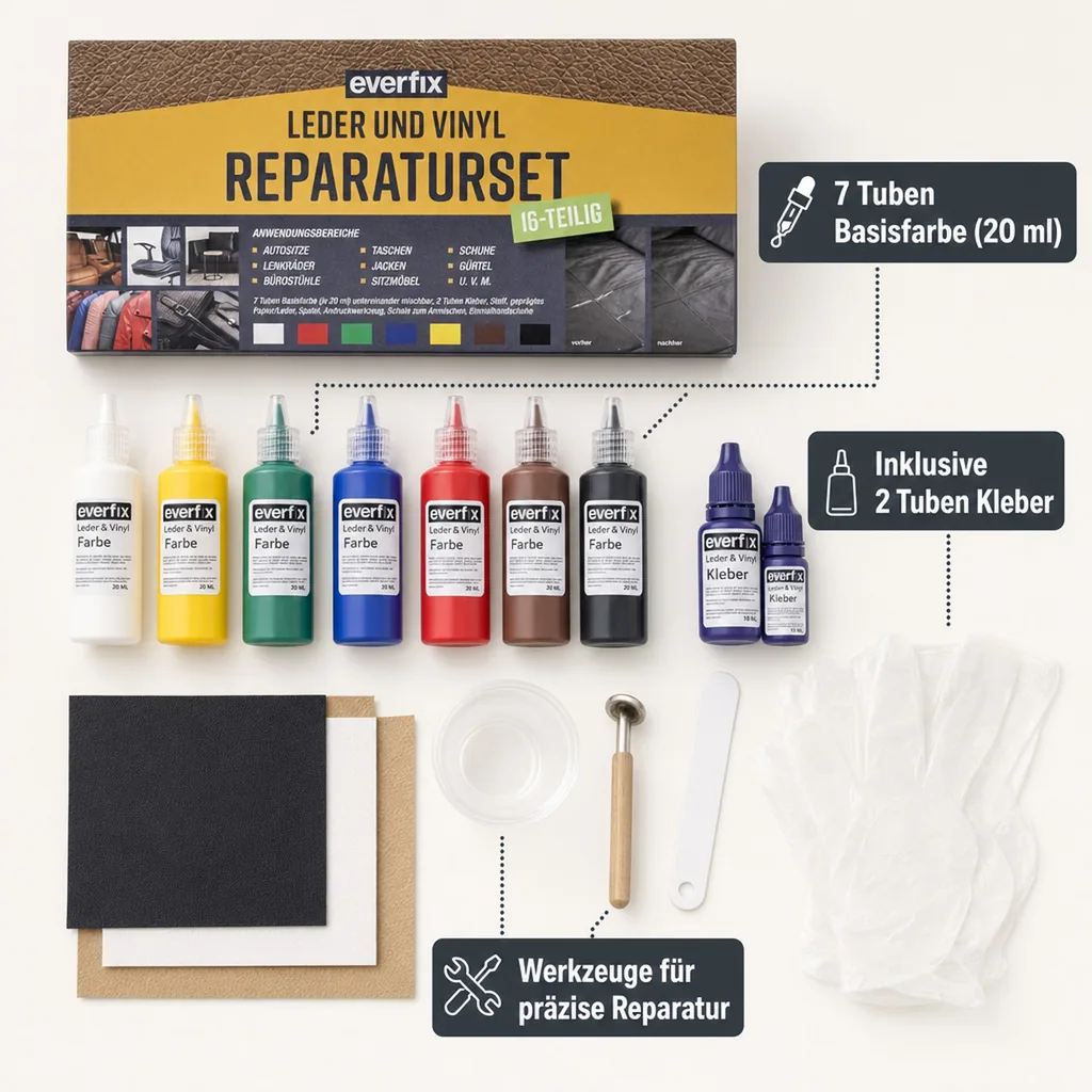Leder & Vinyl Reparaturset (16-teilig) zur Reparatur von Leder und Kunstleder