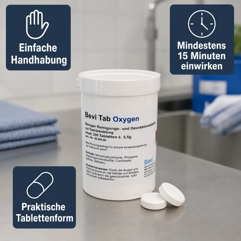 Desinfektionsmittel, Reinigungsmittel für alle Arten von Zapfanlagen - Bevi Oxygen Tab