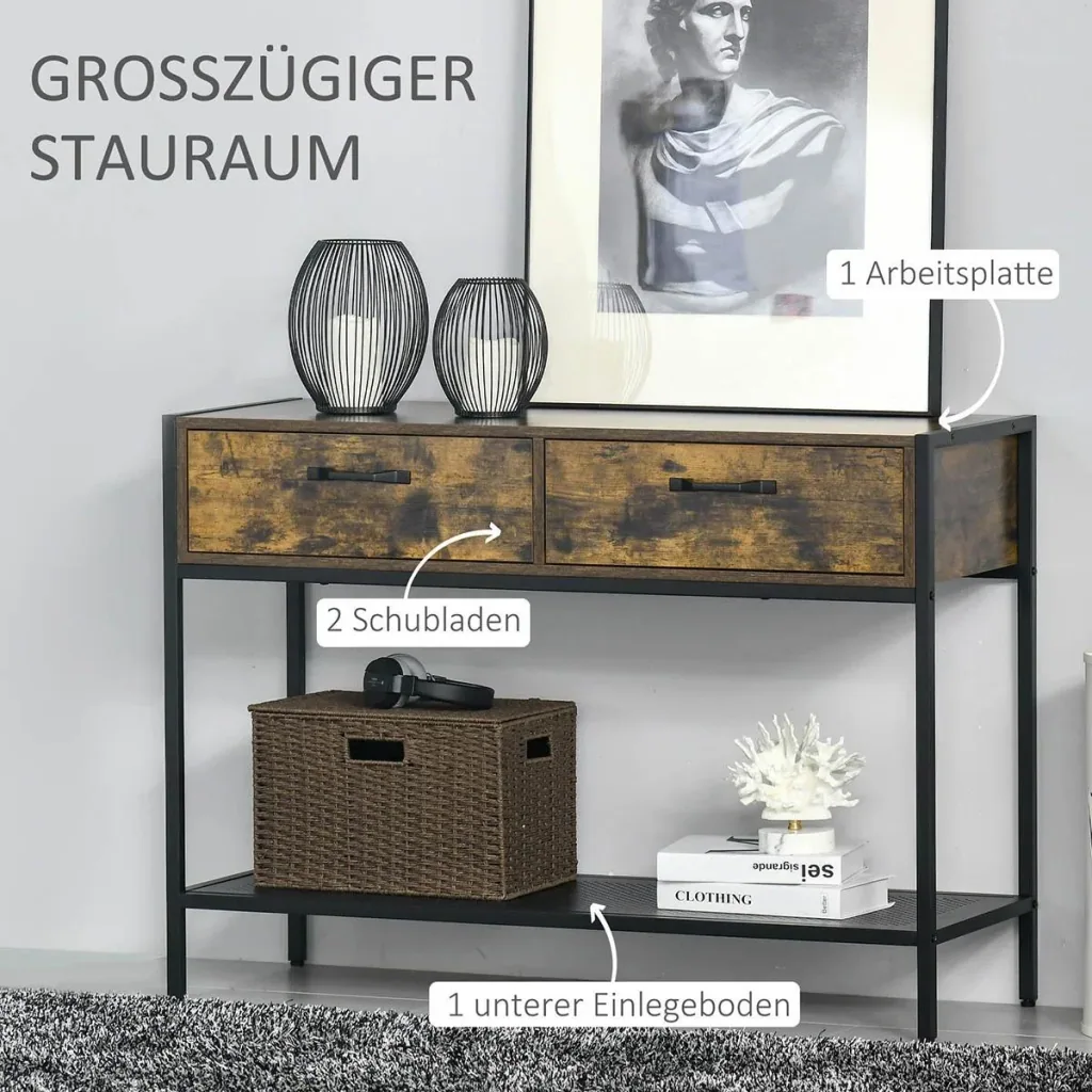 Konsolentisch mit 2 Schubladen Ablageboden Industriedesign Flurtisch Beistelltisch Sideboard für Wohnzimmer Flur Metall