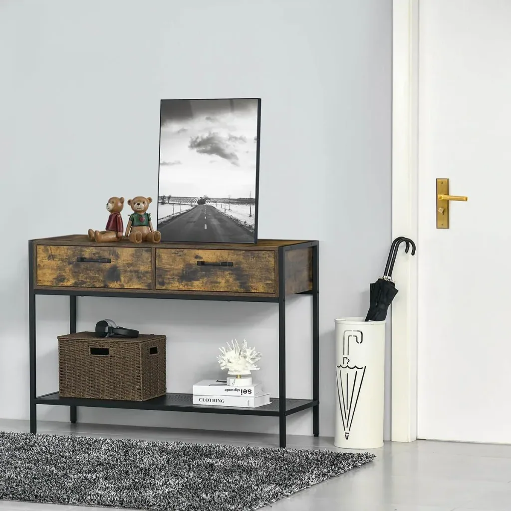 Konsolentisch mit 2 Schubladen Ablageboden Industriedesign Flurtisch Beistelltisch Sideboard für Wohnzimmer Flur Metall