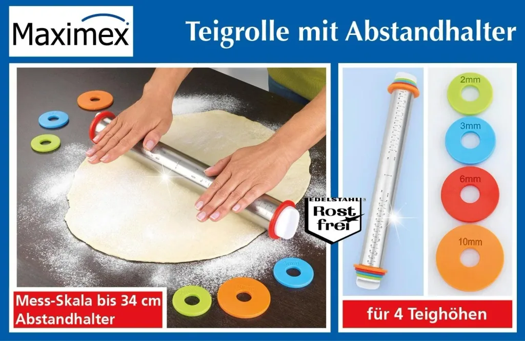 Edelstahl-Teigrolle mit Abstandhaltern und Messskala