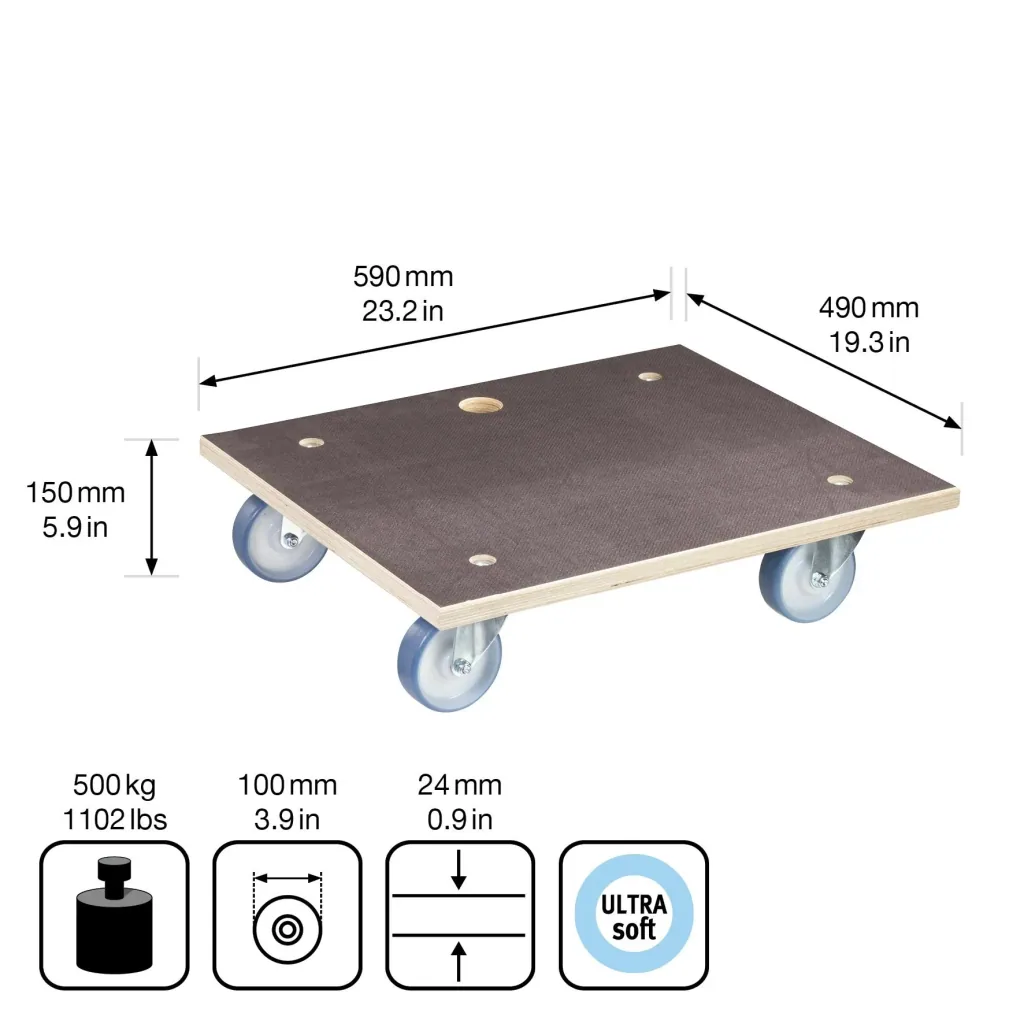 Transporthilfe MM 1145, 59 x 49 x 15 cm, softe Rollen Ø 100 mm, Rollenlager, Platte Maxigrip FSC®, Tragkraft 500 kg