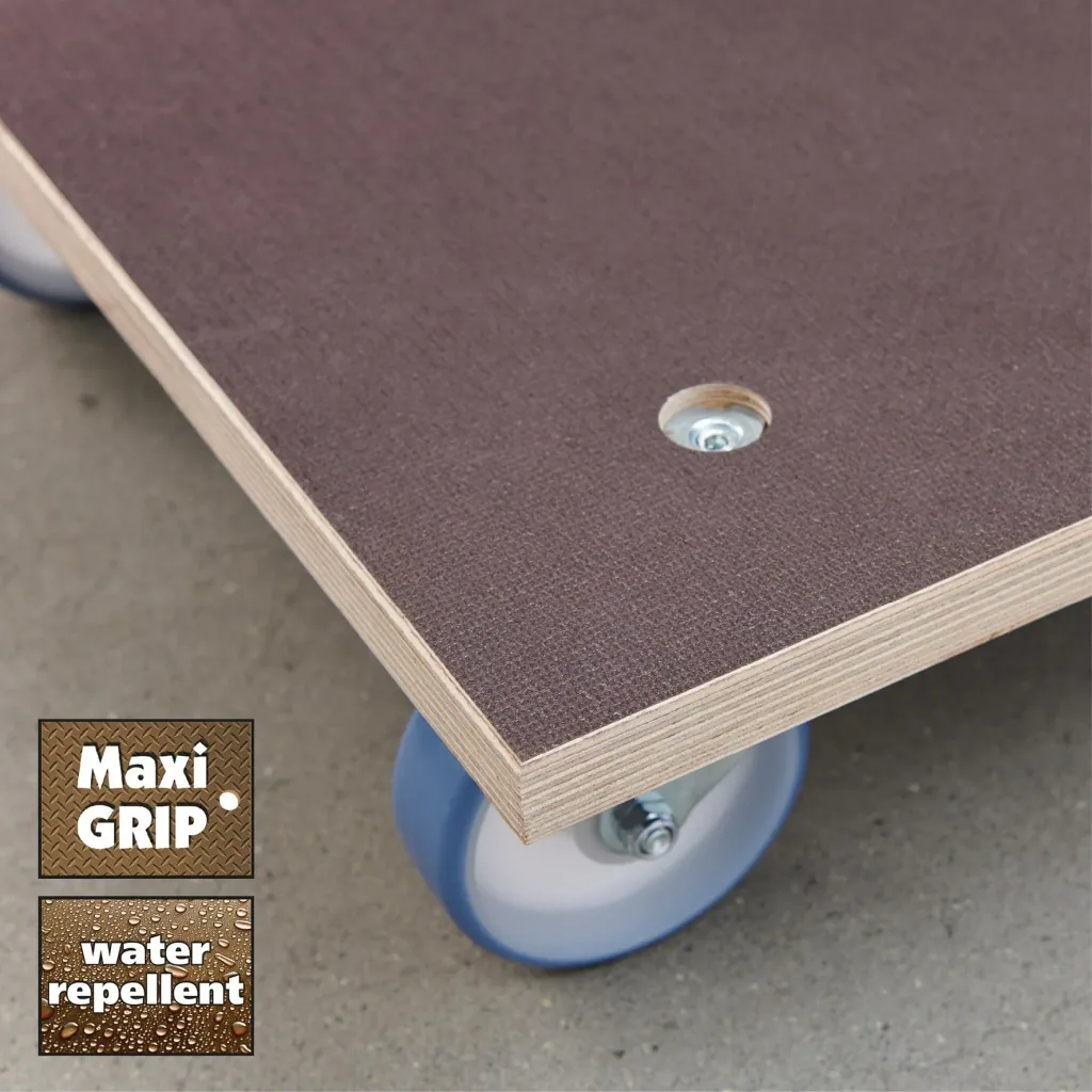 Transporthilfe MM 1145, 59 x 49 x 15 cm, softe Rollen Ø 100 mm, Rollenlager, Platte Maxigrip FSC®, Tragkraft 500 kg