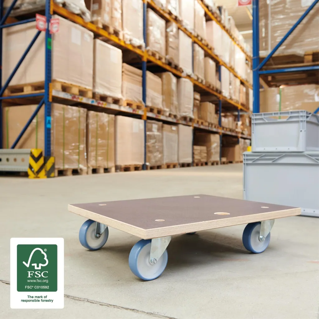 Transporthilfe MM 1145, 59 x 49 x 15 cm, softe Rollen Ø 100 mm, Rollenlager, Platte Maxigrip FSC®, Tragkraft 500 kg