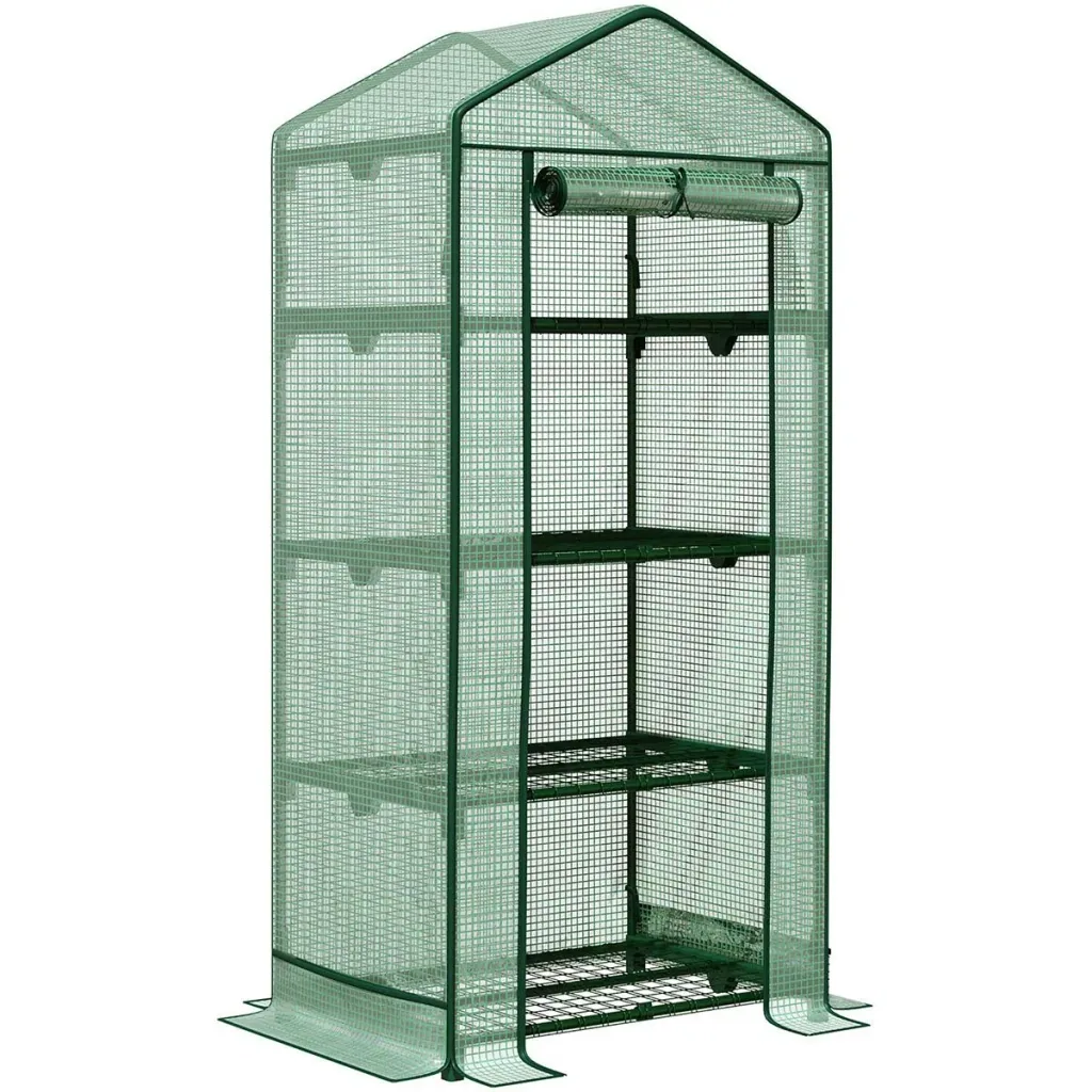 Mini-Gewächshaus mit Folienabdeckung und 4 Regalen Rolltür Gemüsebeet grün 69 x 49 x 158 cm