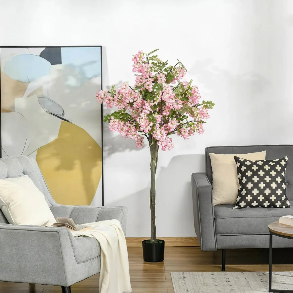 künstliche Pflanzen 150 cm künstlicher Schnurbaum mit rosa Blumen Kunstpflanze Zimmerpflanze Dekopflanze Büropflanze Kun