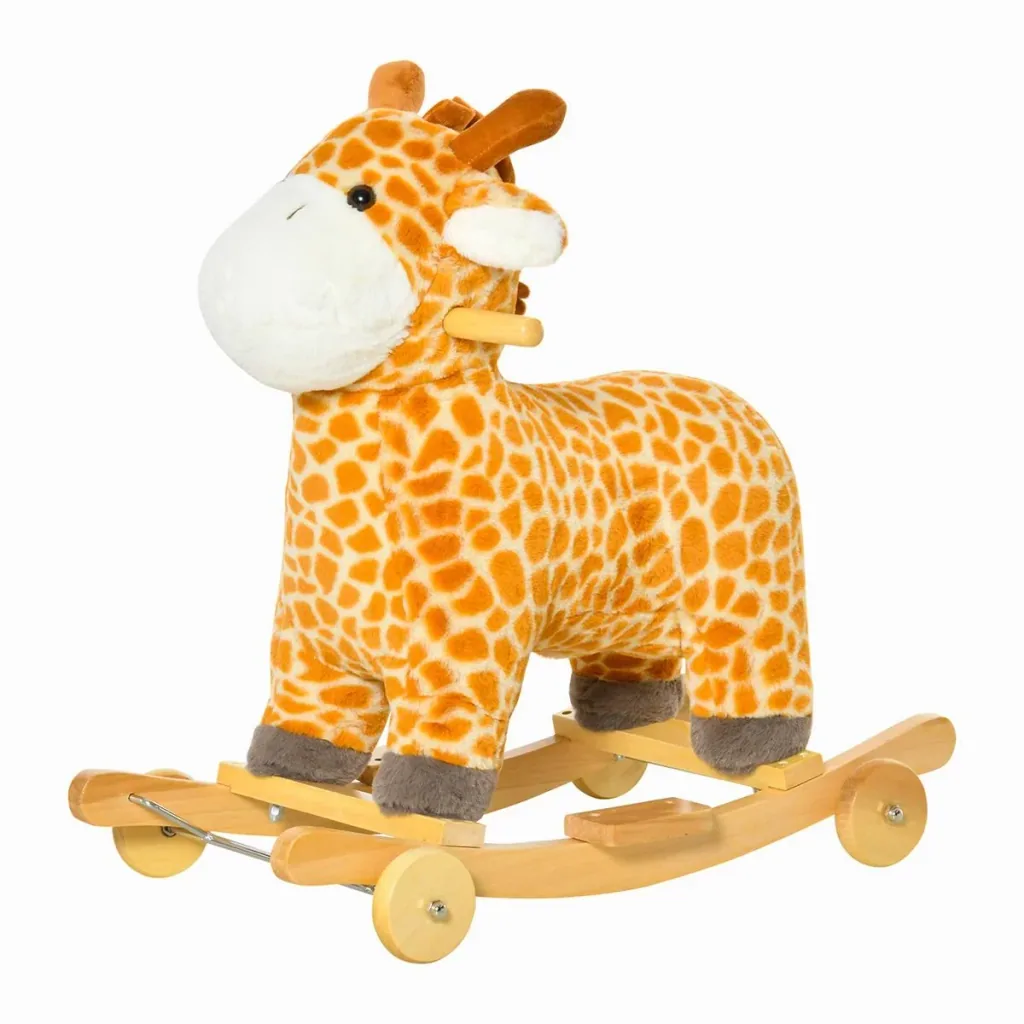 2-IN-1 Schaukelpferd mit Räder Plüsch Schaukeltier Babyschaukel Spielzeug für 36-72 Monaten Giraffen-Design Gelb 63 x 38