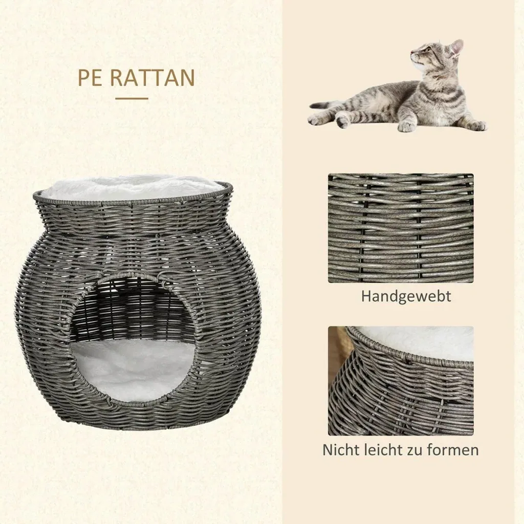 Rattan Katzenkorb zweistöckiges Katzenbett Katzenhöhle Katzenturm mit 2 Kissen Liegedach Dunkelgrau Ø50 x 43,5 cm