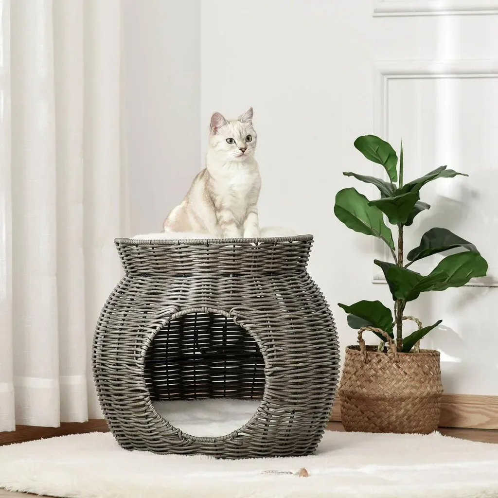 Rattan Katzenkorb zweistöckiges Katzenbett Katzenhöhle Katzenturm mit 2 Kissen Liegedach Dunkelgrau Ø50 x 43,5 cm