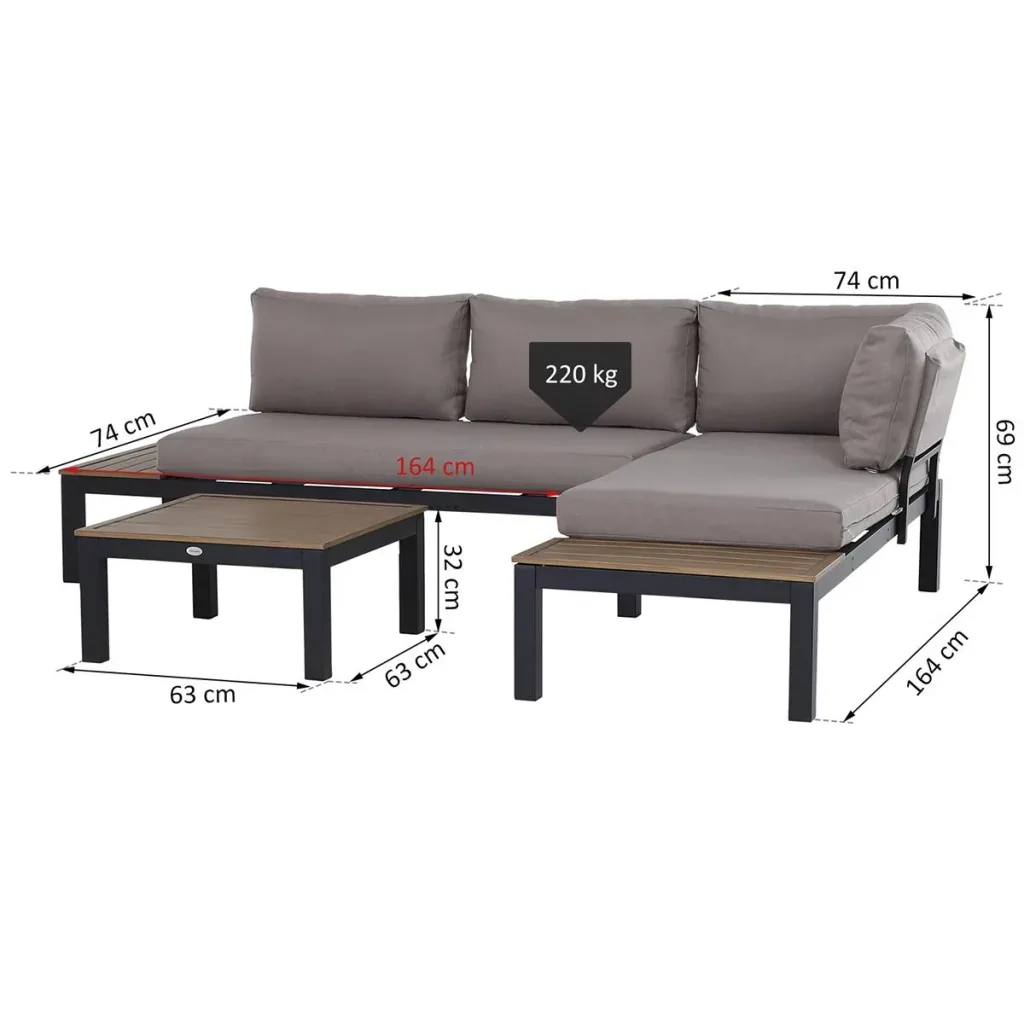 3-teiliges Gartenmöbel-Set mit Beistelltisch, Sofa mit Kissen, Outdoor, Aluminium, 164 x 74 x 69 cm