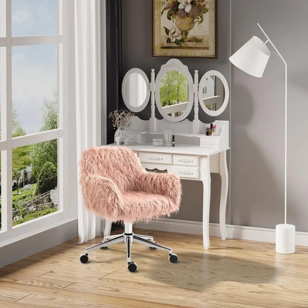 Chefsessel Drehstuhl Computerstuhl Sitzhöhenverstellung für Mädchen Kunstpelz Schaumstoff Rosa+Silber 57 x 60 x 75-85 cm