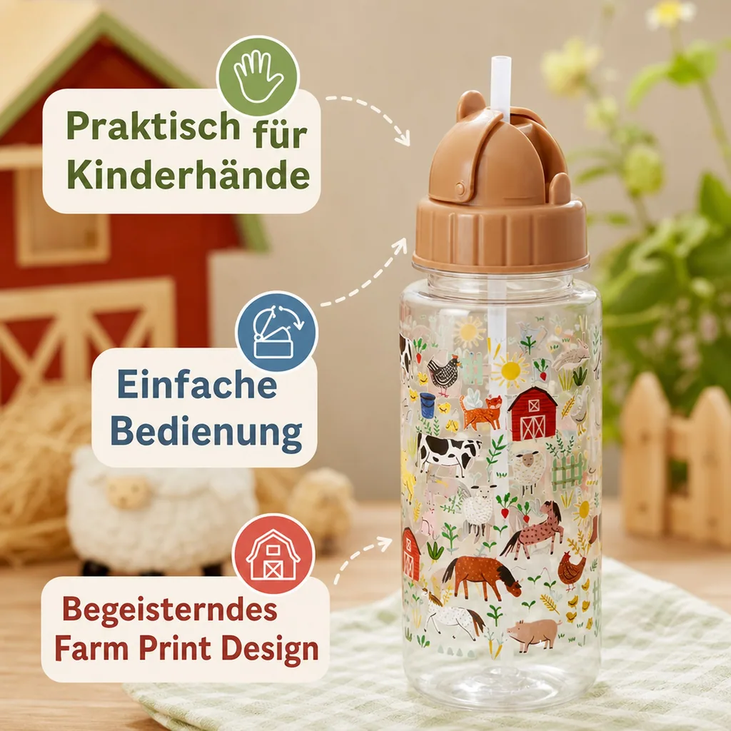 RICE Trinkflasche Kinder - Farm Print, 450 ml, kunststoff