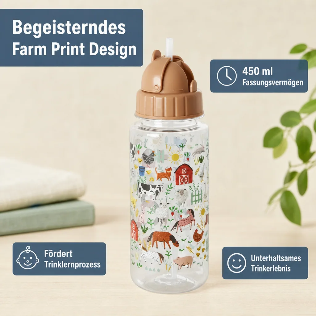 RICE Trinkflasche Kinder - Farm Print, 450 ml, kunststoff