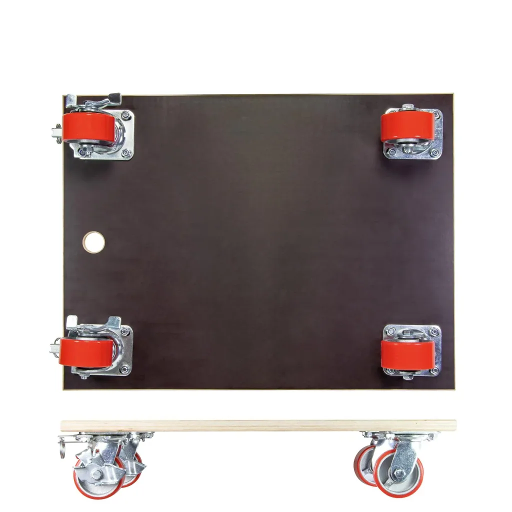 Transporthilfe MM 1348, 78 x 59 x 16 cm, harte Rollen Ø 100 mm, Rollenlager, 2 Bremsen, Platte FSC®, Tragkraft 1.000 kg
