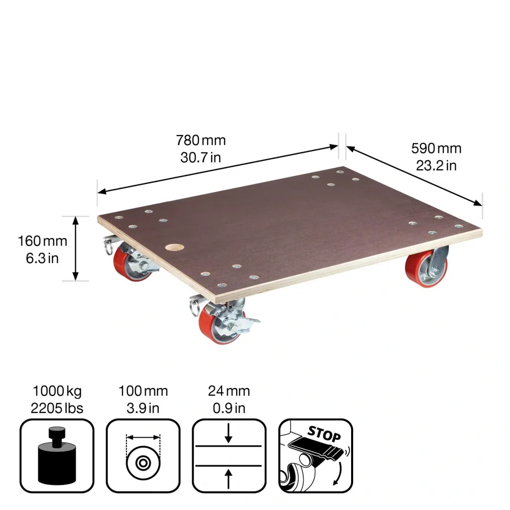 Transporthilfe MM 1348, 78 x 59 x 16 cm, harte Rollen Ø 100 mm, Rollenlager, 2 Bremsen, Platte FSC®, Tragkraft 1.000 kg
