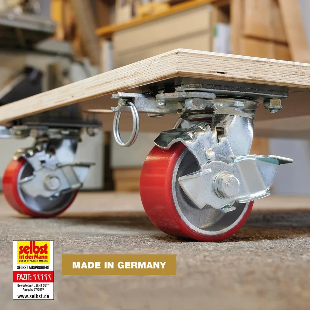Transporthilfe MM 1348, 78 x 59 x 16 cm, harte Rollen Ø 100 mm, Rollenlager, 2 Bremsen, Platte FSC®, Tragkraft 1.000 kg
