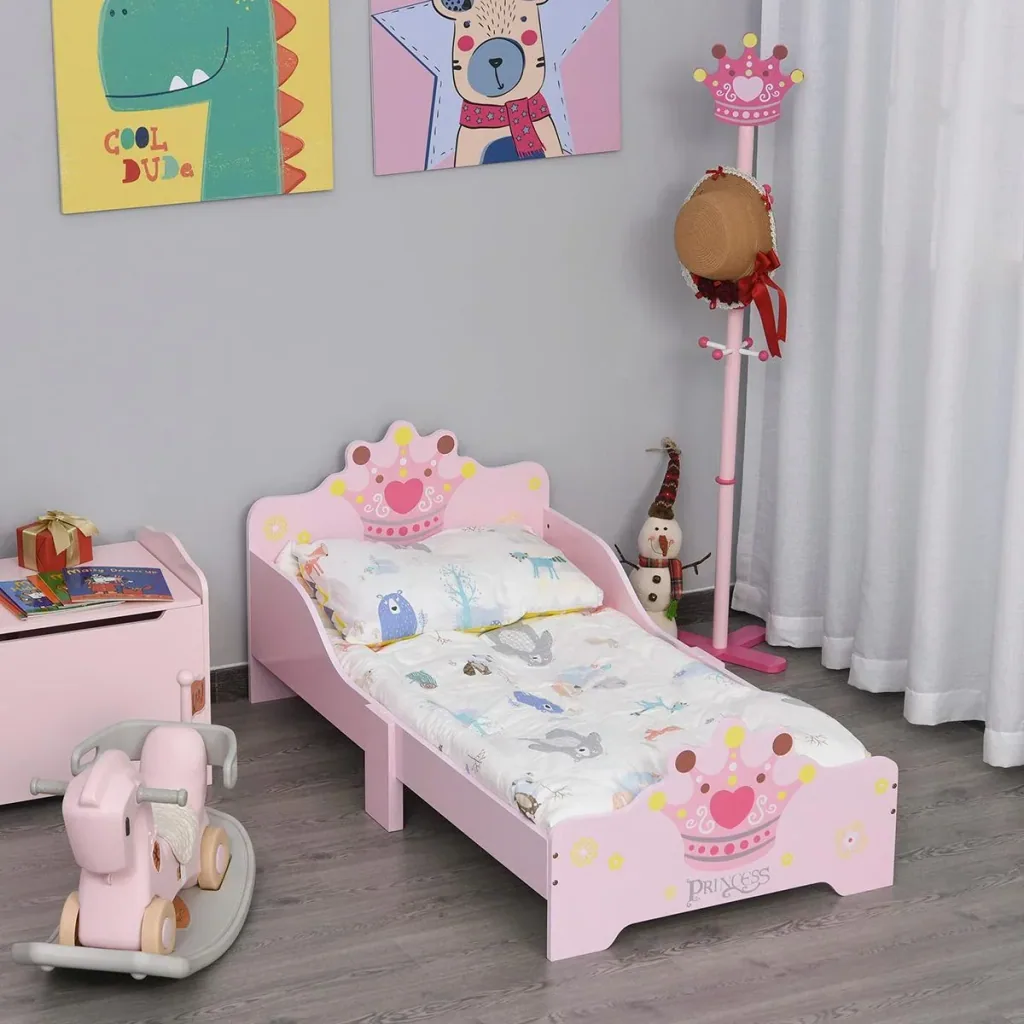 Kinderbett mit Prinzessinnen-Motiv mit Rausfallschutz für 3 6 Jahre, Mädchenbett, Holzbett für Kinderzimmer, Pappelholz,
