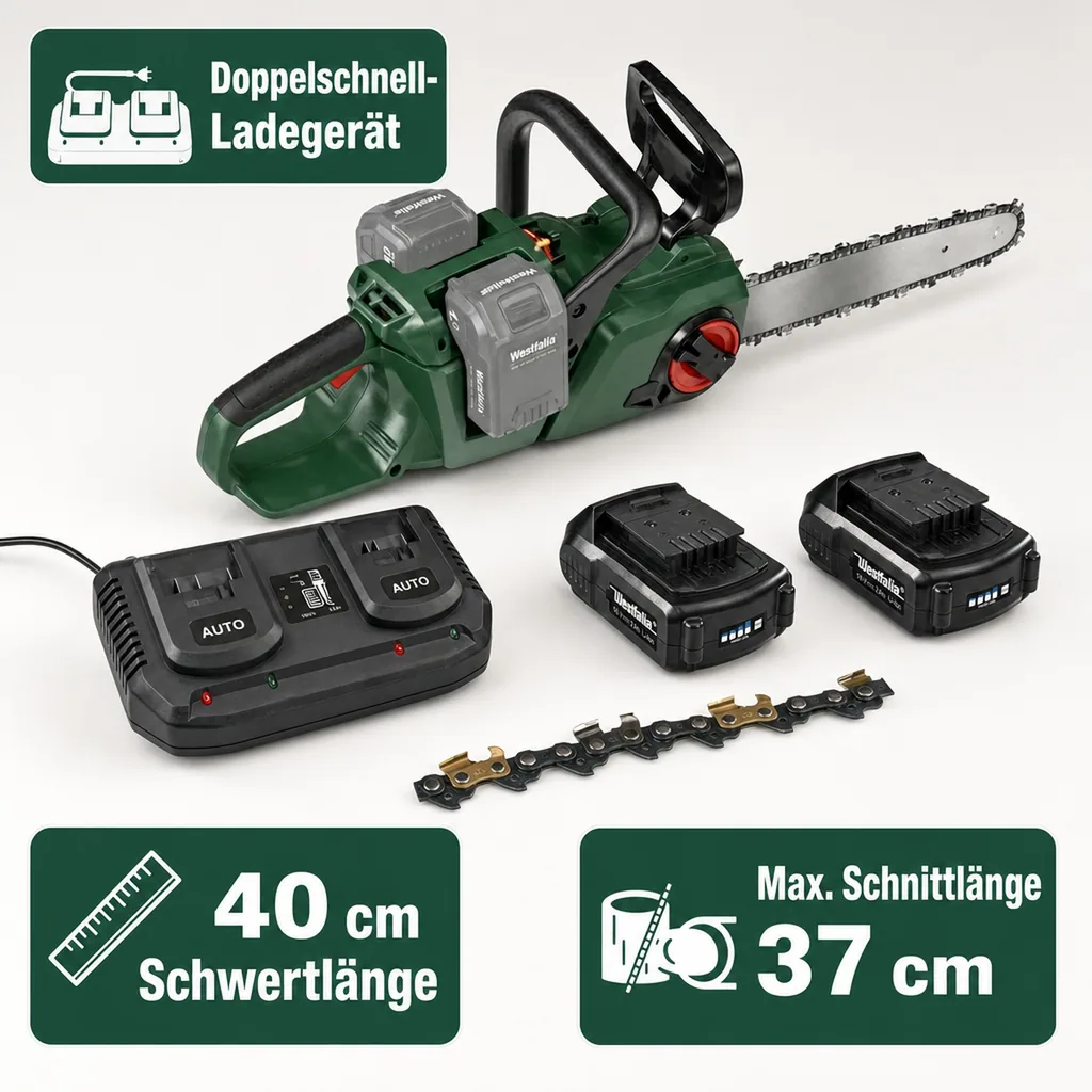 Set Akku-Kettensäge "GMAK 36/40" + 2 x 18V LI-ION Akku 2,0 Ah + Doppelschnell-Ladegerät + Sägekette-Titan 40 cm