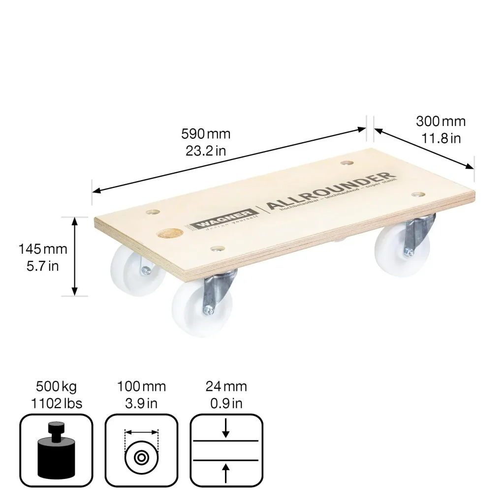 Transporthilfe MM 1127, 59 x 30 x 14,5 cm, harte Rollen Ø 100 mm, Rollenlager, Multiplex Birke FSC®, Tragkraft 500 kg