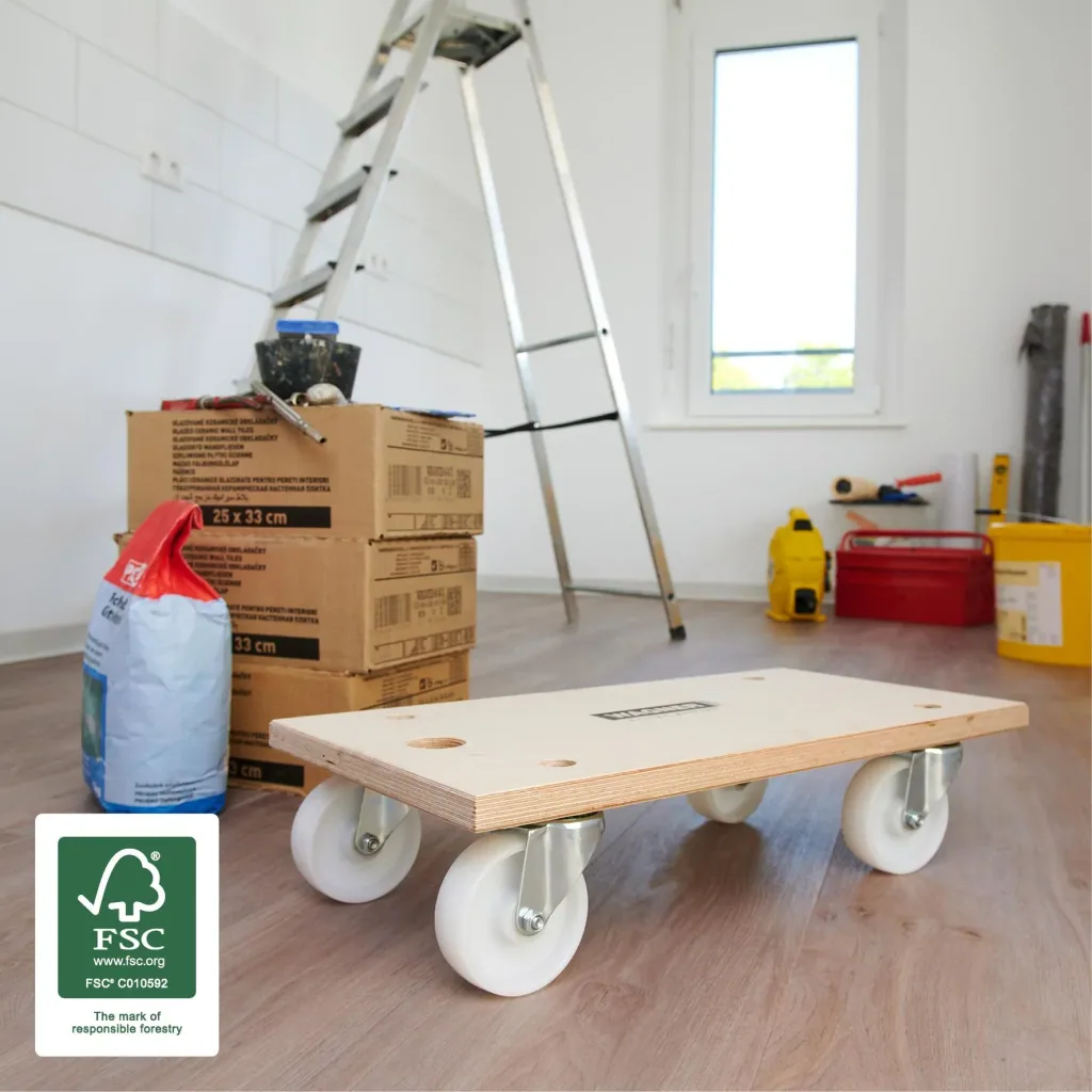 Transporthilfe MM 1127, 59 x 30 x 14,5 cm, harte Rollen Ø 100 mm, Rollenlager, Multiplex Birke FSC®, Tragkraft 500 kg
