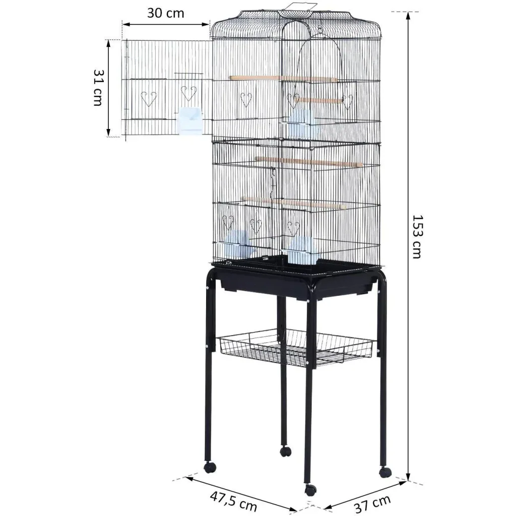 Vogelhaus Vogelkäfig Vogelvoliere für Papagei Wellensittich Vogelbauer mit rollbarem Ständer Schwarz 47,5x37x153cm