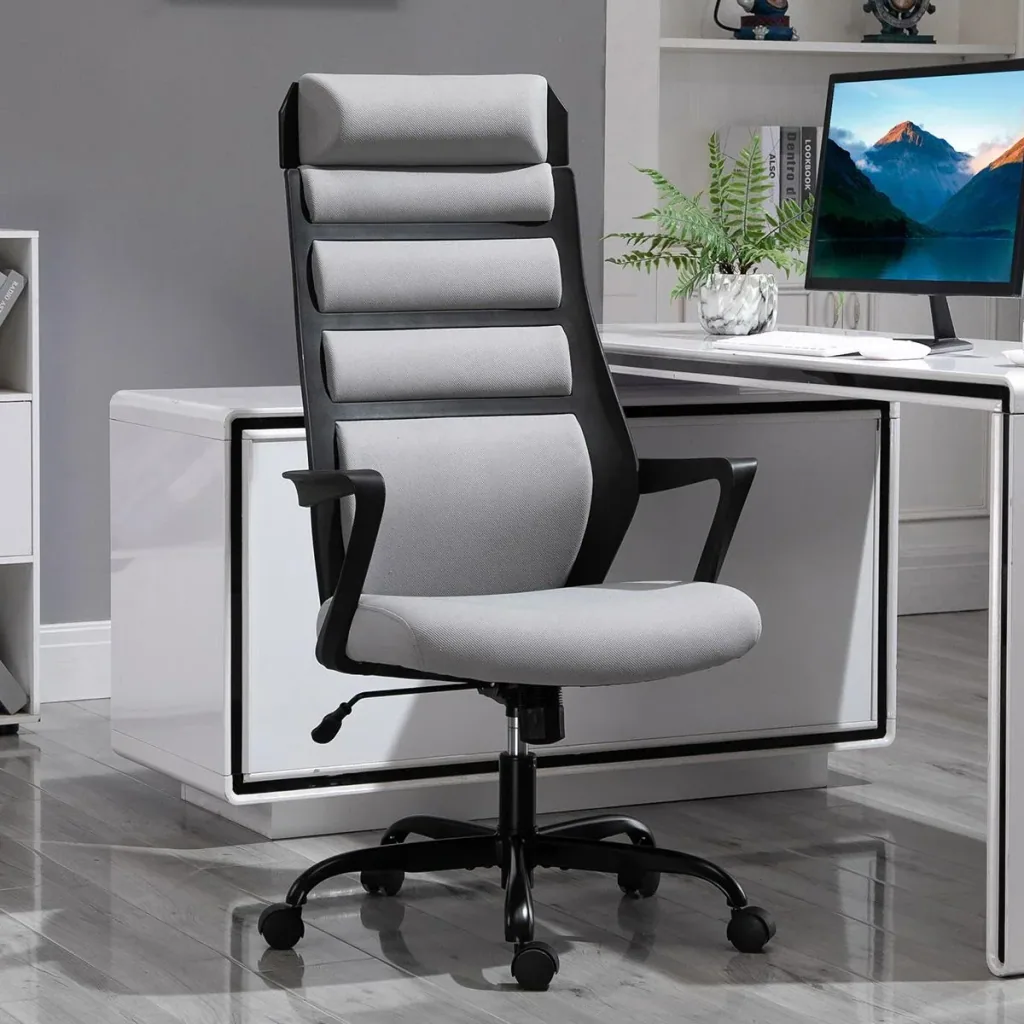 Bürostuhl Ergonomischer Drehstuhl mit Wippenfunktion Armlehne höhenverstellbar Kunstleinen Stahl Grau+Schwarz 60 x 64 x