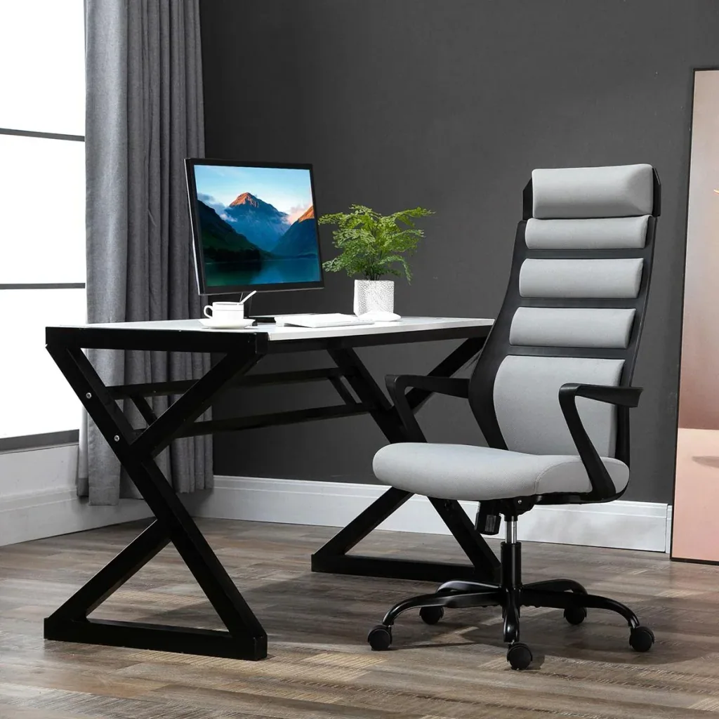Bürostuhl Ergonomischer Drehstuhl mit Wippenfunktion Armlehne höhenverstellbar Kunstleinen Stahl Grau+Schwarz 60 x 64 x