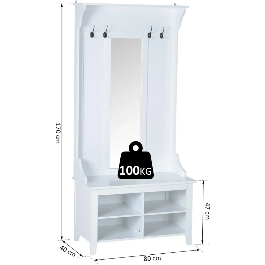 Flurgaderobe 3-in-1 Wandgarderobe mit Schuhschrank 4 Haken Weiß 80 x 40 x 170 cm
