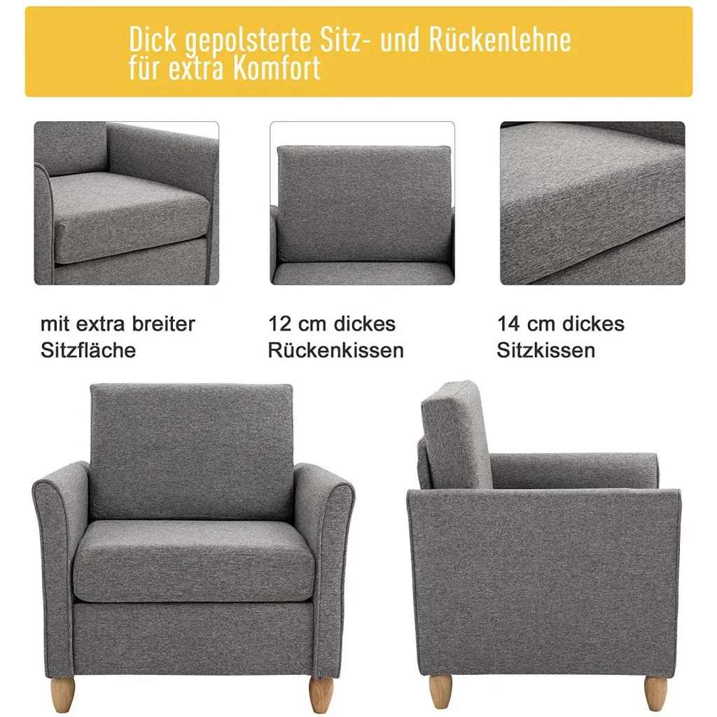 Einzelsofa Polsterstuhl abnehmbar mit Kissen 200 kg-Belastbarkeit Leinenbezüge Schaumstoff Hellgrau 82 x 65 x 78 cm