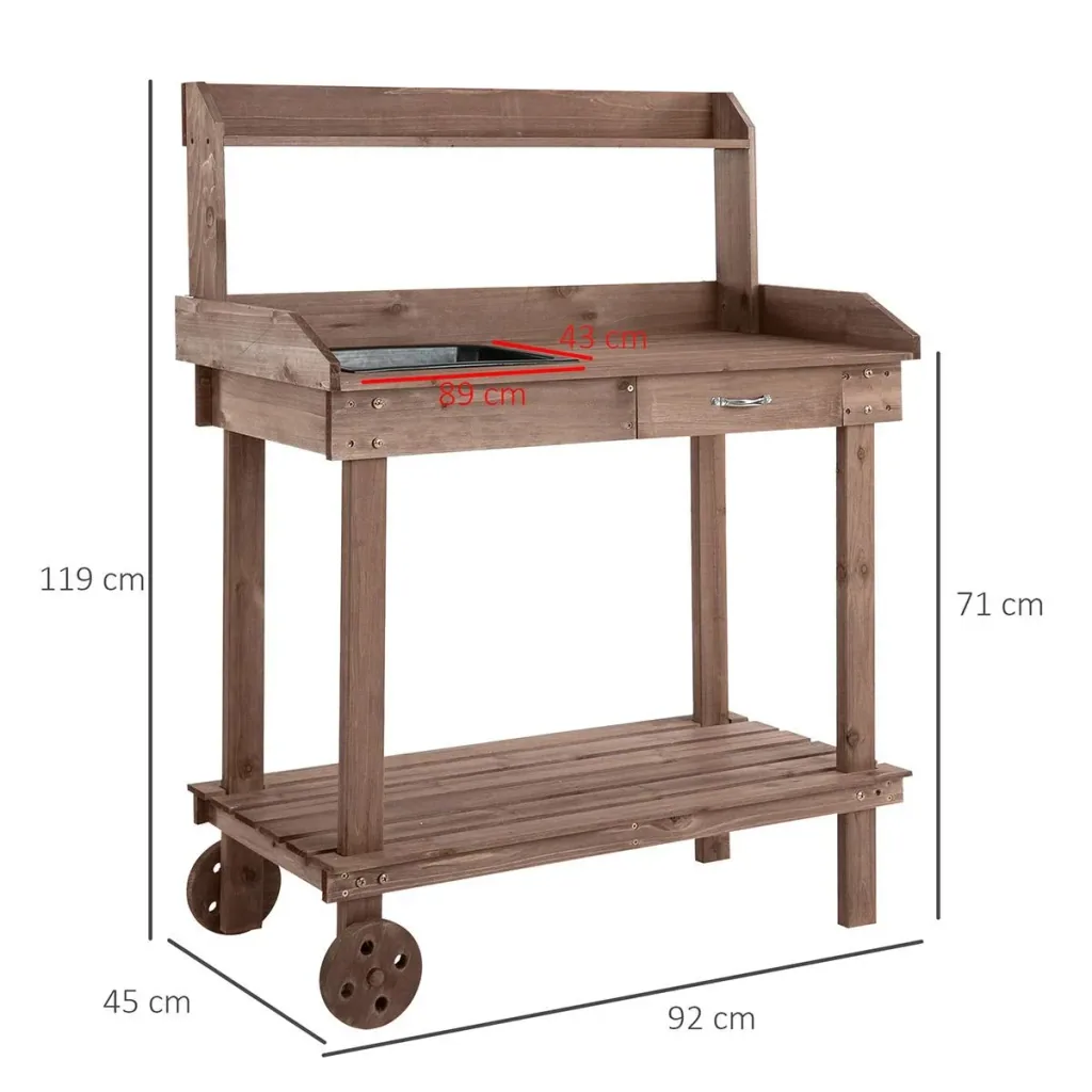 Pflanztisch mit Schublade 2 Stufen Gärtnertisch mit waschbecken und Rollen Garten Tannenholz Braun 92 x 45 x 119 cm