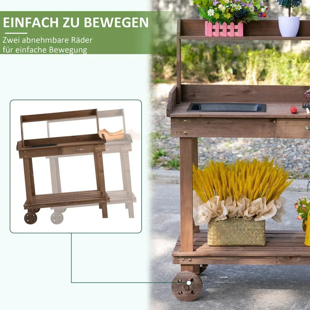 Pflanztisch mit Schublade 2 Stufen Gärtnertisch mit waschbecken und Rollen Garten Tannenholz Braun 92 x 45 x 119 cm