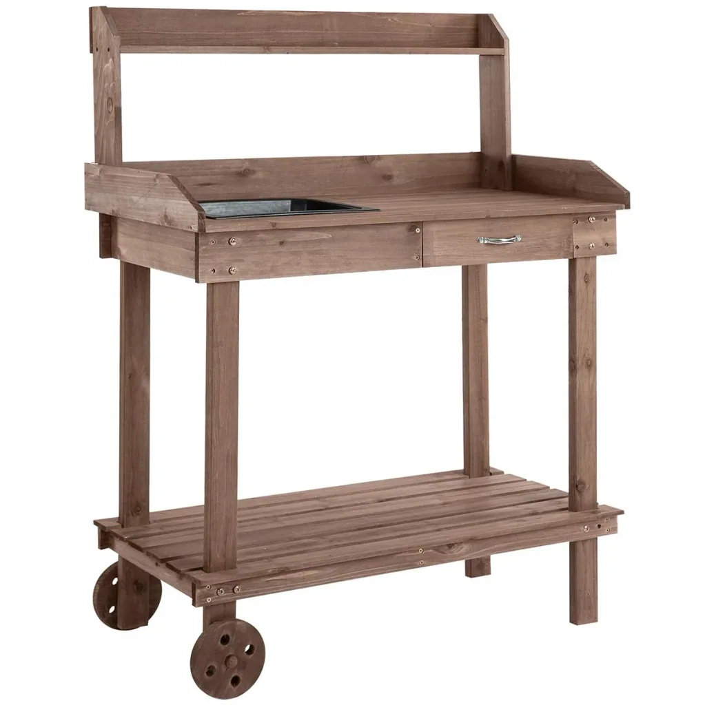 Pflanztisch mit Schublade 2 Stufen Gärtnertisch mit waschbecken und Rollen Garten Tannenholz Braun 92 x 45 x 119 cm