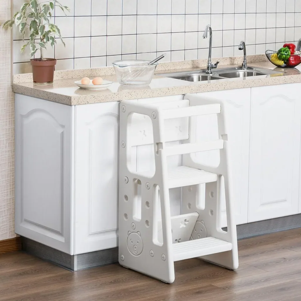 Lernturm Tritthocker für Küche Küchenhelfer mit 2 Stufen einstellbar mehr Sicherheit Anti-Slip-Design ab 18 Monaten bis