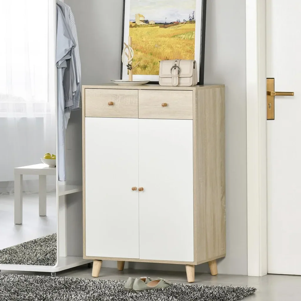 Schuhschrank Schuhregal mit Türen Schublade für Flur und Eingangsbereich moderner Natur+Weiß MDF 68 x 35 x 102,5 cm Schu