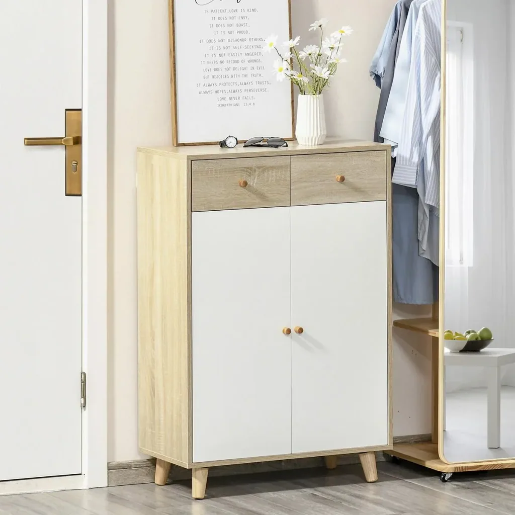 Schuhschrank Schuhregal mit Türen Schublade für Flur und Eingangsbereich moderner Natur+Weiß MDF 68 x 35 x 102,5 cm Schu