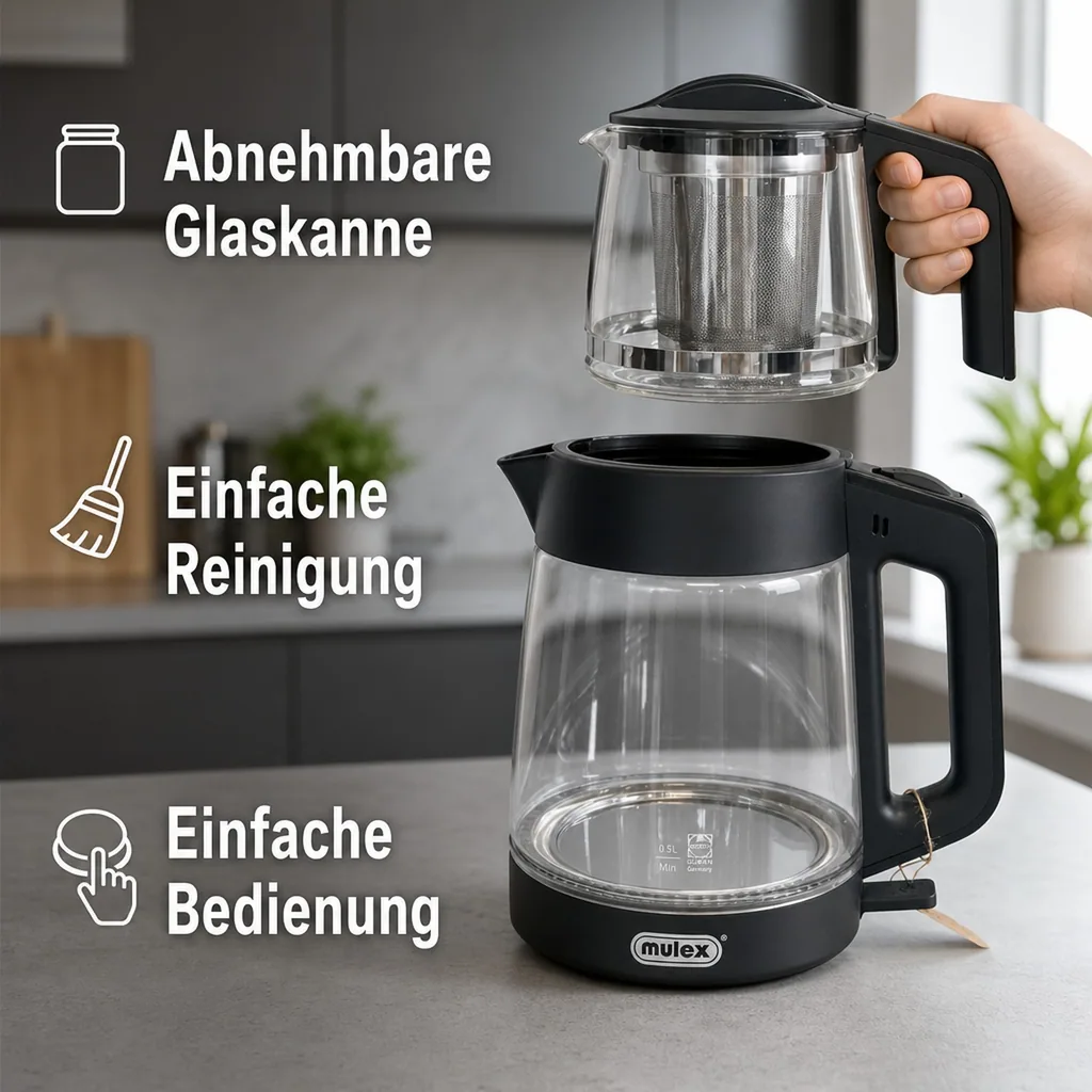 Wasserkocher, Samowar mit Teekocher - Mulex, Tee-Express Glas, Schwarz, 2L