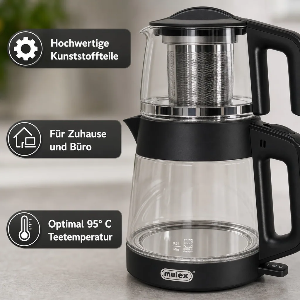 Wasserkocher, Samowar mit Teekocher - Mulex, Tee-Express Glas, Schwarz, 2L