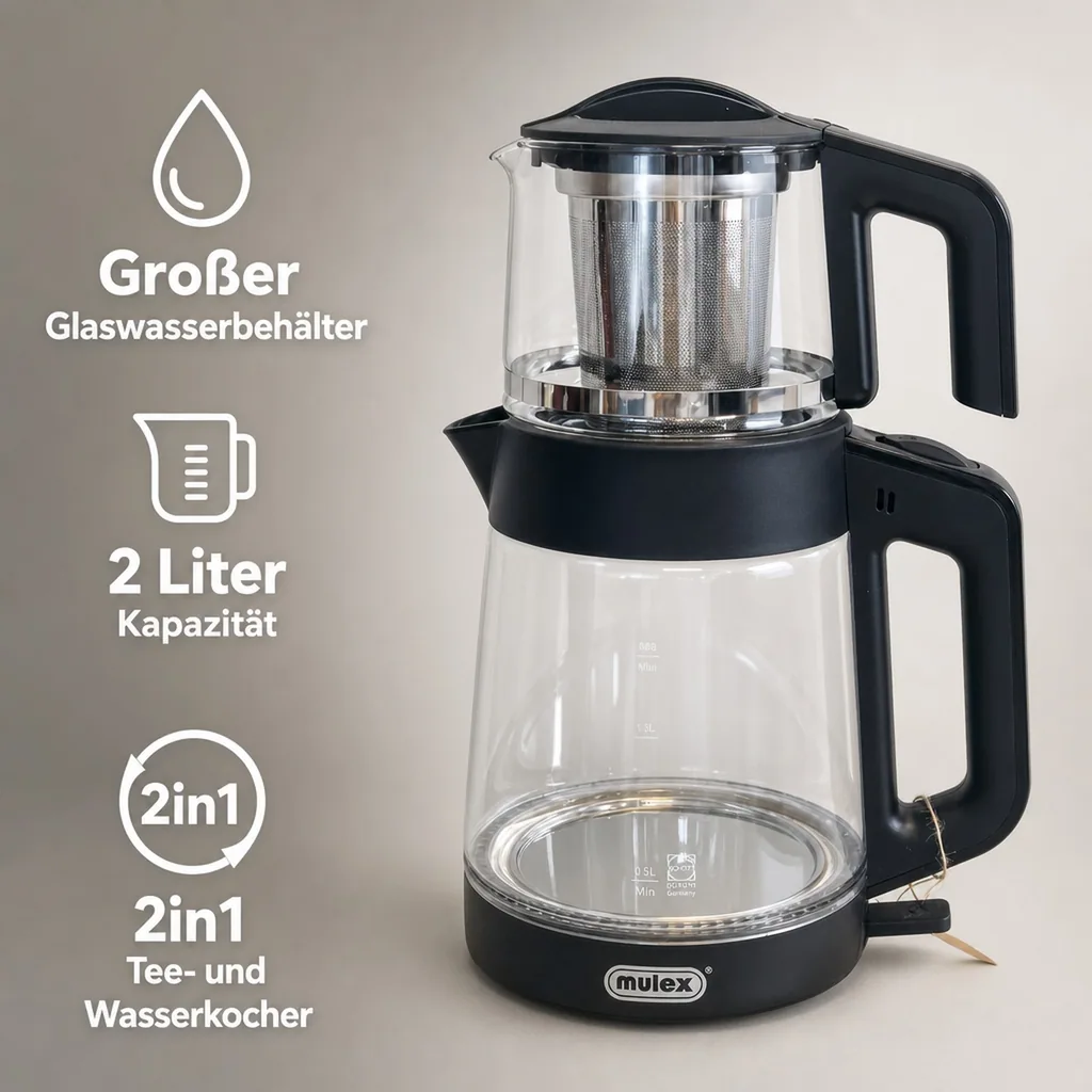 Wasserkocher, Samowar mit Teekocher - Mulex, Tee-Express Glas, Schwarz, 2L