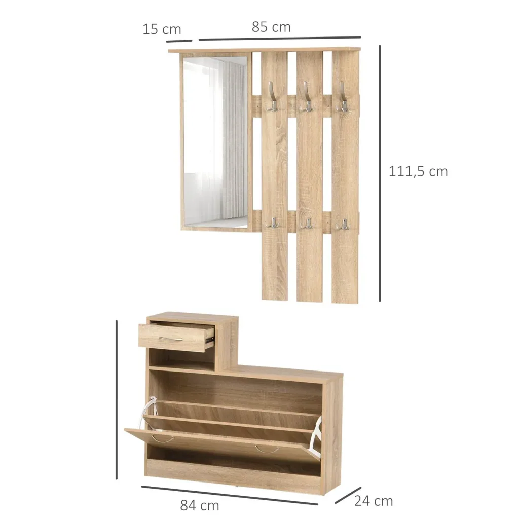 Kleiderschrankset 3-in-1, Garderobe mit Schuhschrank und Wandspiegel